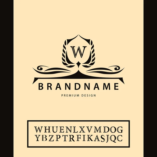 Розкіш Vintage логотип. Бізнес знак, етикетки, лист емблема W за допомогою Мітки загальнодоступного crest, ресторан, роялті, бутік бренд, готель, Heraldic, ювелірні вироби мода, нерухомість, курорт, татуювання, аукціонів. Вектор — стоковий вектор