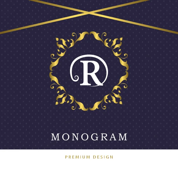 Eléments de conception monogramme, modèle gracieux. Calligraphie élégante ligne art logo design. Lettre emblème signe R pour Royauté, carte de visite, Boutique, Hôtel, Restaurant, Café, Bijoux. Illustration vectorielle — Image vectorielle