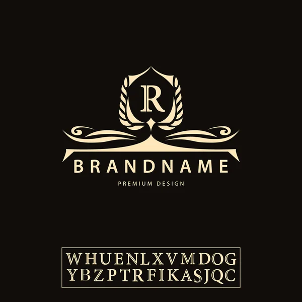 Luxusní Vintage logo. Obchodní označení, popis, dopis znak R pro badge, hřeben, restaurace, Royalty, Boutique značka, Hotel, platba, bižuterie, módní, Real estate, Resort, tetování, aukce. Vektor Vektorová Grafika