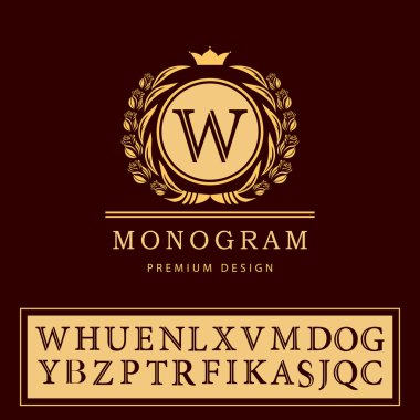 Monogram tasarım öğeleri, zarif şablonu. Zarif hat Sanat logo tasarımı. Mektup amblemi W. Retro Vintage nişan veya logo. İş işareti, kimlik, etiket, rozet, kafe, otel. Vektör çizim