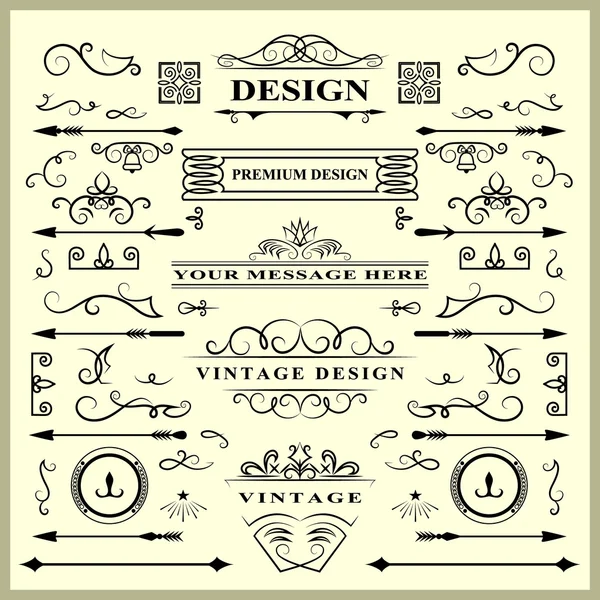 Set of Vintage Decorations Elements. Flourishes Calligraphic Ornaments and Frames. Retro Style Design Collection for Invitations, Banners, Posters, Placards, Badges and Logotypes. Vector illustration — Wektor stockowy
