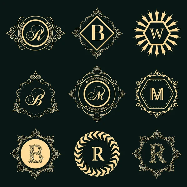 Elemen desain monogram, templat anggun. Desain logo seni garis elegan. Set tanda Bisnis, identitas untuk Restoran, Royalty, Boutique, Kafe, Hotel, Heraldic, Perhiasan, Gambar Fashion.Vector - Stok Vektor