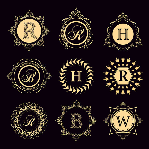 Элементы дизайна монограммы, изящный шаблон. Дизайн логотипа Elegant line. Набор бизнес-знак, идентичность для ресторана, королевский, бутик, кафе, отель, геральдический, ювелирные изделия, мода. Векторная иллюстрация
