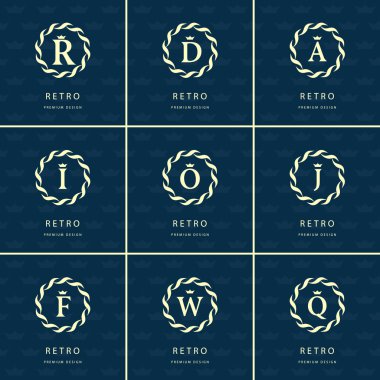 Monogram design elements, graceful template. Calligraphic elegant line art logo design. Letter emblem sign R, D, A, I, O, J, F, W, Q for Royalty, business card, Boutique, Hotel, Heraldic. Vector