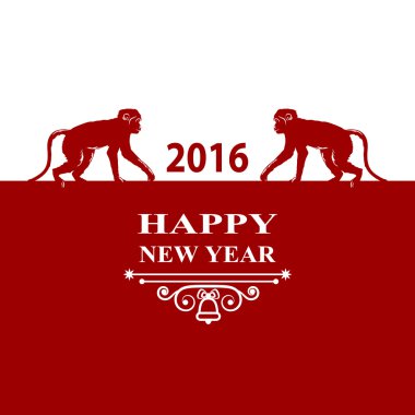 Happy New Year holidays 2016 Decorations Card. Silhouette monkey on red white background. Greeting card, invitation, brochure, flyer design and vintage ornament. Chinese zodiac Vector illustration