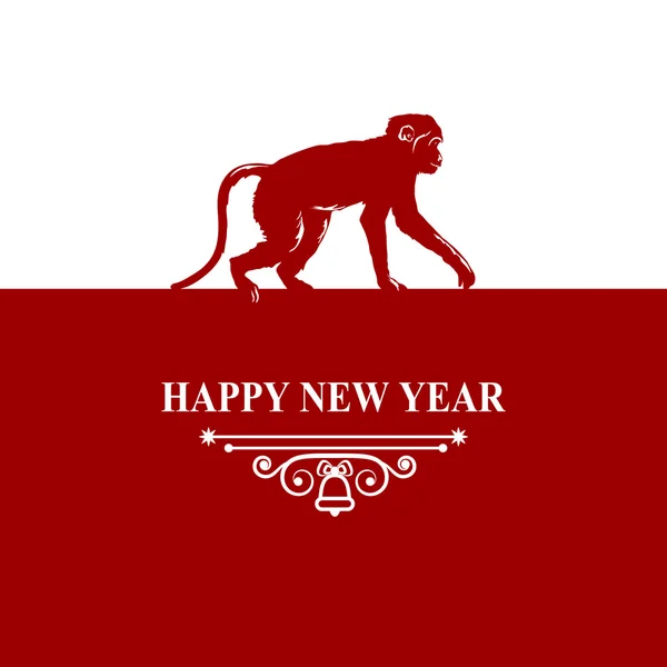 Felice anno nuovo le vacanze augurano decorazioni Card. Scimmia silhouette su sfondo bianco rosso. Biglietto d'auguri, invito, brochure, design volantino e ornamento vintage. Zodiaco cinese Illustrazione vettoriale — Vettoriale Stock