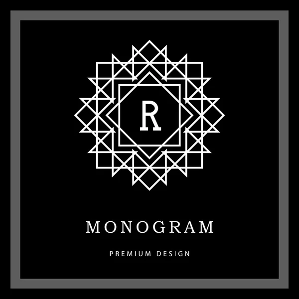 Geometric Monogram logo. Abstract Vector template in trendy mono line style. Letter emblem R. Monochrome vintage hipster. Minimal Design elements for logo, badge, banner, insignias, frame, label. — ストックベクタ