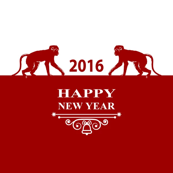 Buone feste di Capodanno 2016 Decorazioni Card. Scimmia silhouette su sfondo bianco rosso. Biglietto d'auguri, invito, brochure, design volantino e ornamento vintage. Zodiaco cinese Illustrazione vettoriale — Vettoriale Stock