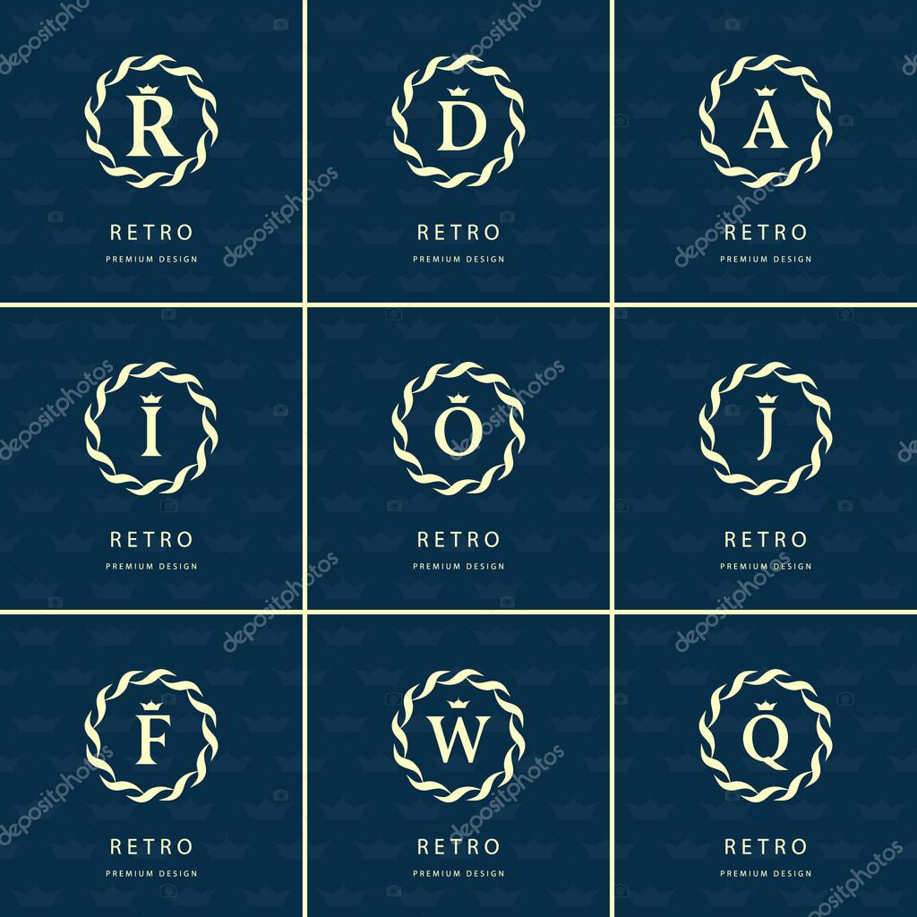 Vector illustration of Monogram design elements, graceful template. Calligraphic elegant line art logo design. Letter emblem sign R, D, A, I, O, J, F, W, Q for Royalty, business card, Boutique, Hotel, Heraldic