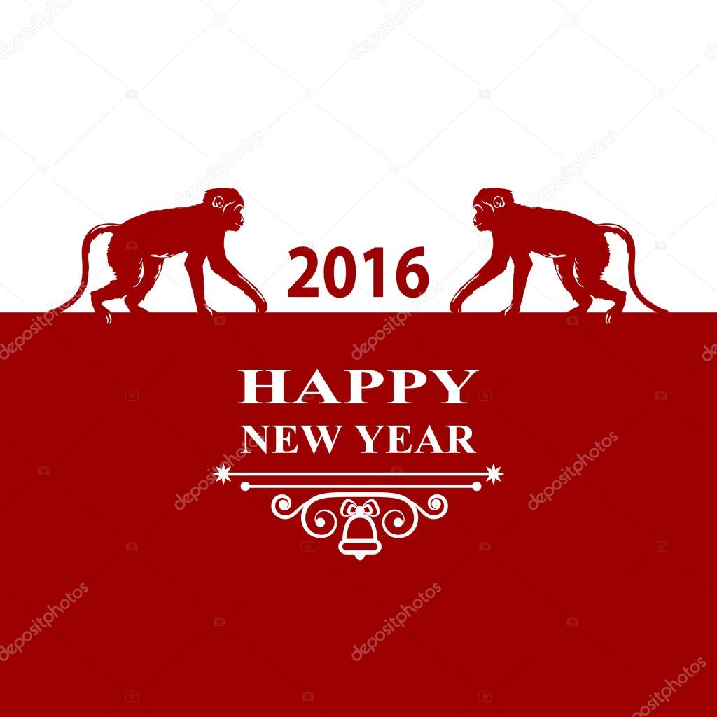 Happy New Year holidays 2016 Decorations Card. Silhouette monkey on red white background. Greeting card, invitation, brochure, flyer design and vintage ornament. Chinese zodiac Vector illustration