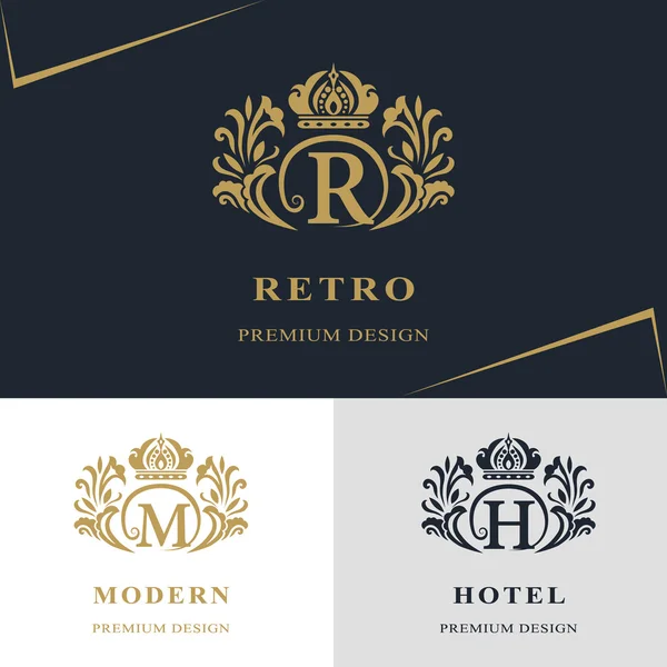 Elementi di design monogram, modello grazioso. Logo calligrafico elegante linea art design. Lettera emblema segno R, M, H per Royalty, biglietto da visita, Boutique, Hotel, Araldica, Gioielli. Illustrazione vettoriale — Vettoriale Stock