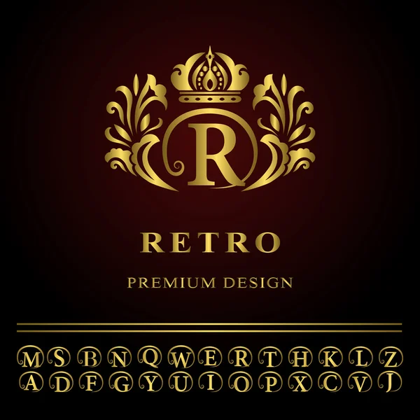 Monogram design elements, graceful template. Elegant line art logo design. Business gold emblem letter R for Restaurant, Royalty, Boutique, Cafe, Hotel, Heraldic, Jewelry, Fashion. Vector illustration — Stockvector