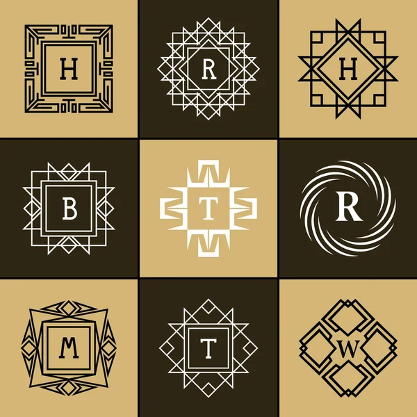 Geometric Monogram logo. Abstract Vector template in trendy mono line style. Letter emblem H, R, B, T, W, M Monochrome hipster. Minimal Design elements for logo, badge, banner, insignias, frame, label — Stock Vector