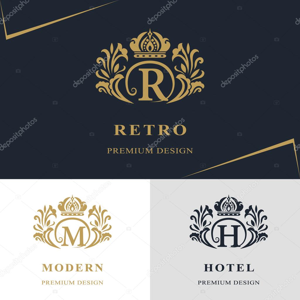 Monogram design elements, graceful template. Calligraphic elegant line art logo design. Letter emblem sign R, M, H for Royalty, business card, Boutique, Hotel, Heraldic, Jewelry. Vector illustration