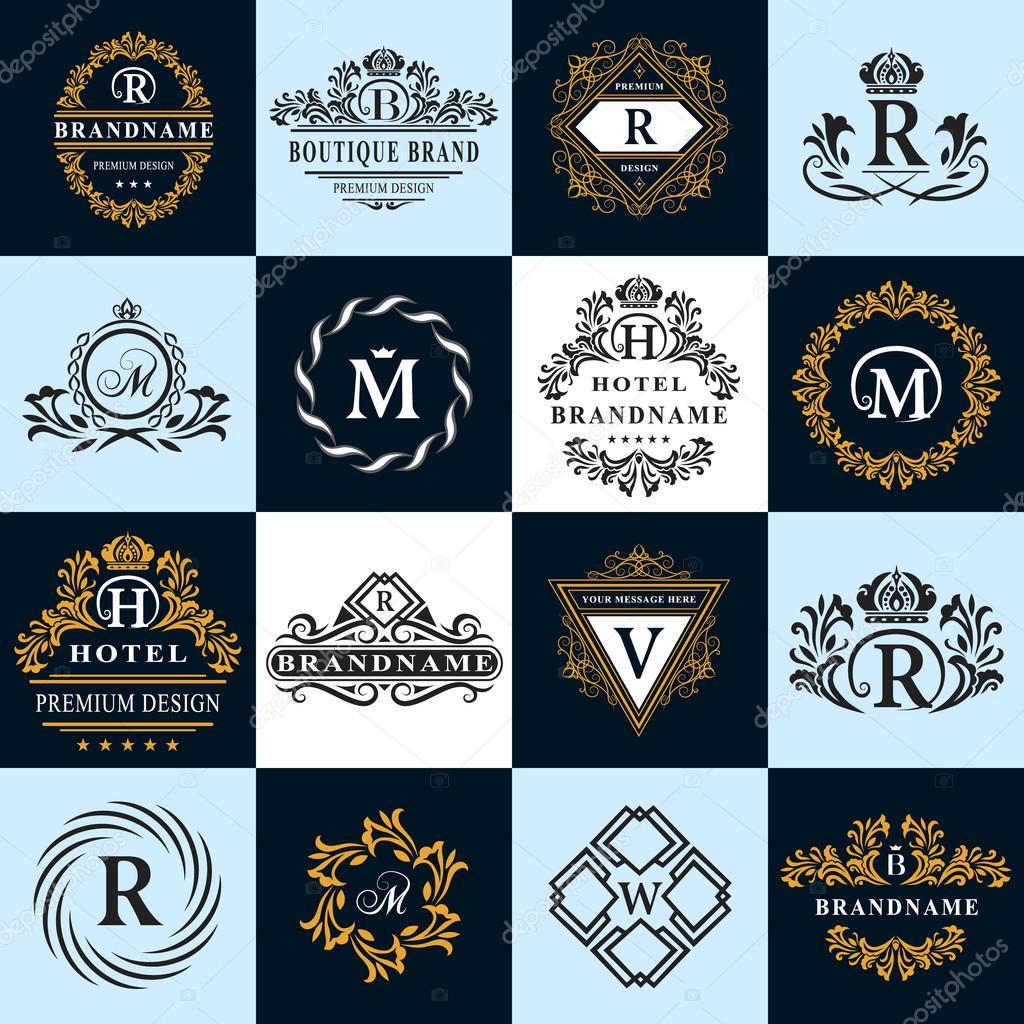 Vector illustration of Monogram design elements, graceful template. Calligraphic elegant line art logo design. Letter emblem sign R, B, M, H, V, W for Royalty, business card, Boutique, Hotel, Heraldic