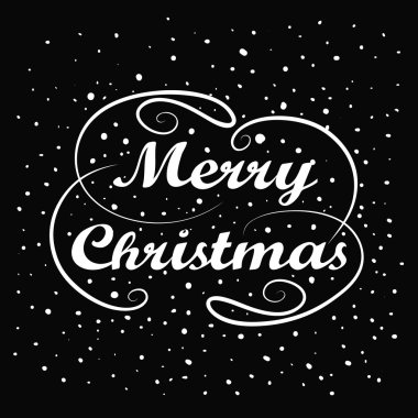 Merry Christmas hand lettering. Handmade calligraphy holiday greeting card design. Vintage handwriting message. Abstract background. Falling snow. Winter New year season label. Vector illustration