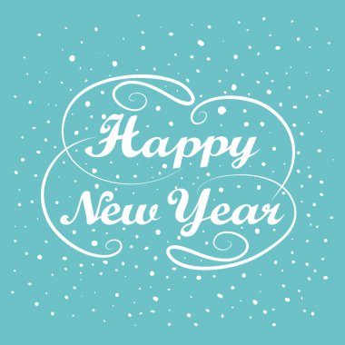 Happy New Year hand lettering. Handmade calligraphy holiday greeting card design. Vintage handwriting message. Abstract background. Falling snow. Winter New year season label. Vector illustration