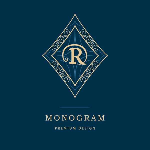 Monograma elementos de design, modelo gracioso. Caligráfico elegante linha arte logotipo design. Carta emblema sinal R para Royalty, cartão de visita, Boutique, Hotel, Heráldico, Café, Jóias. Ilustração vetorial —  Vetores de Stock