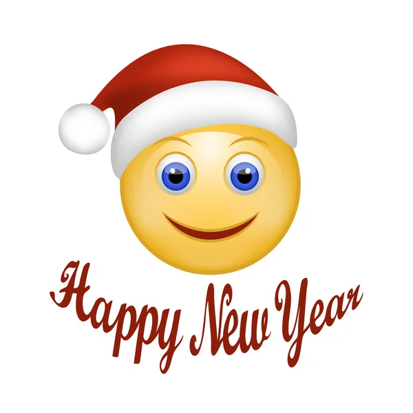 Smiley Face happy Santa Claus. Face emoticon wearing Santa hat. Holidays Expression Cartoon Smiley  in red cap of Santa Claus. Happy New Year hand lettering. Web design. Vector illustration  EPS 10 — 스톡 벡터