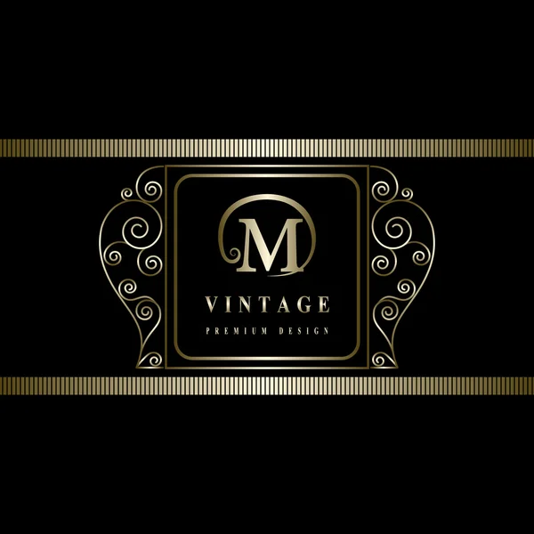 Luxury Logo template flourishes calligraphic elegant ornament lines. Vintage frame. Letter emblem M. Vector illustration — Διανυσματικό Αρχείο