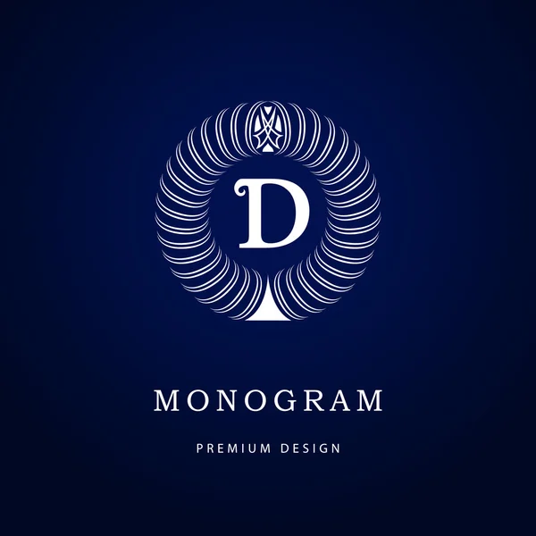 Monograma elementos de design, modelo gracioso. Caligráfico elegante linha arte logotipo design. Carta emblema sinal D para Royalty, cartão de visita, Boutique, Hotel, Heráldico, Café, Jóias. Ilustração vetorial — Vetor de Stock