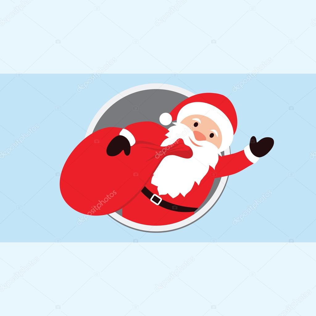 Santa Claus Cartoon Character with a raised right hand with gifts. Santa Claus climbed out from window. Empty space for text. Christmas elements Useful For Your holidays Design. Vector Illustration 