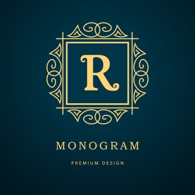 Monogram design elements, graceful template. Calligraphic elegant line art logo design. Letter emblem sign R for Royalty, business card, Boutique, Hotel, Heraldic, Cafe, Jewelry. Vector illustration