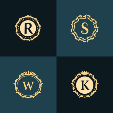 Monogram design elements, graceful template. Elegant line art logo design. Emblem Letter R, S, W, K. Retro Vintage Insignia or Logotype. Business sign, identity, label, badge, Cafe, Hotel. Vector