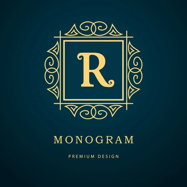 Elementi di design monogram, modello grazioso. Logo calligrafico elegante linea art design. Lettera emblema segno R per Royalty, biglietto da visita, Boutique, Hotel, Araldica, Caffè, Gioielli. Illustrazione vettoriale — Vettoriale Stock