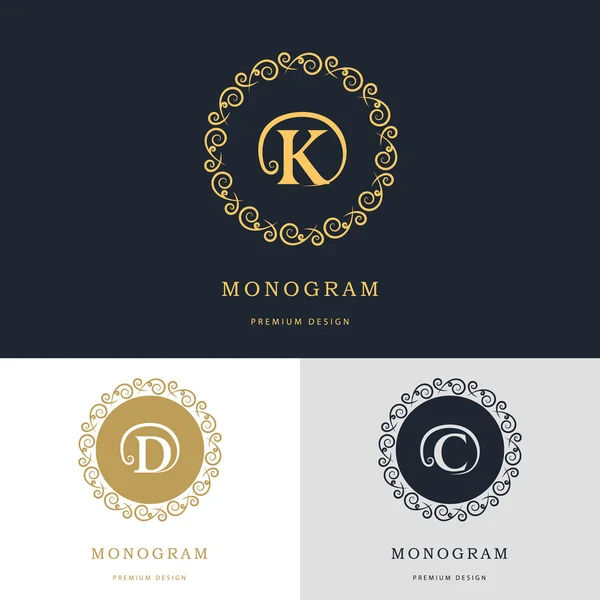 Eléments de conception monogramme, modèle gracieux. Calligraphie élégante ligne art logo design. Lettre emblème signe D, C, K pour Royauté, carte de visite, Boutique, Hôtel, Héraldique, Bijoux. Illustration vectorielle — Image vectorielle