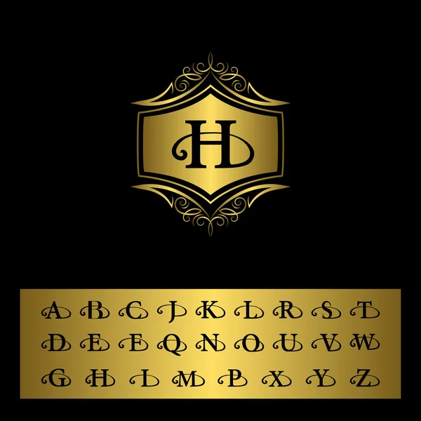 Elementos de design do monograma, letras inglesas. Design de logotipo de arte linha elegante. Emblema de ouro H. Sinal de negócios, identidade para Restaurante, Royalty, Boutique, Café, Hotel, Heráldico, Jóias. Ilustração vetorial — Vetor de Stock