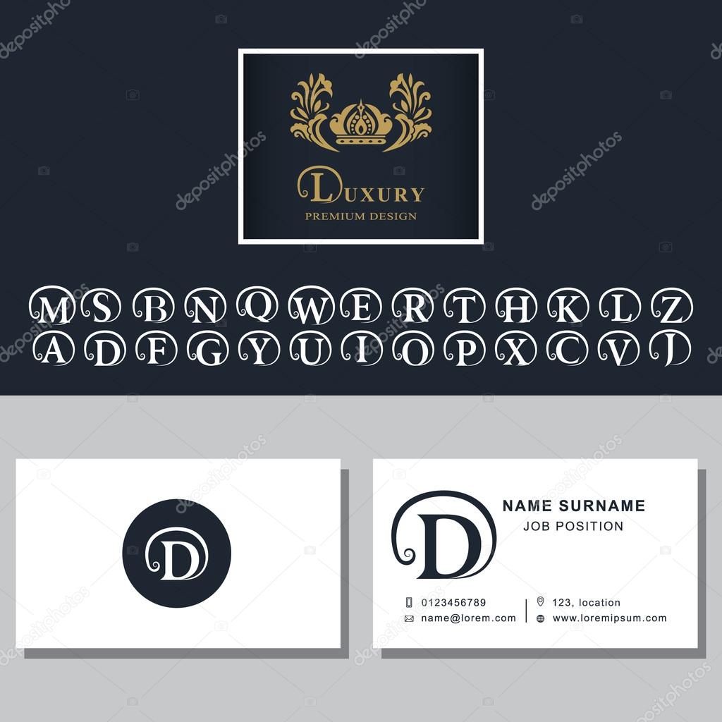 Vector illustration of Business card template. Letters design for business cards. Abstract modern monogram design elements. Letter D, A, B, M, W, R, T, K, L, C, S, F, P, V, E, Q, H, G, N, J, Z, Y
