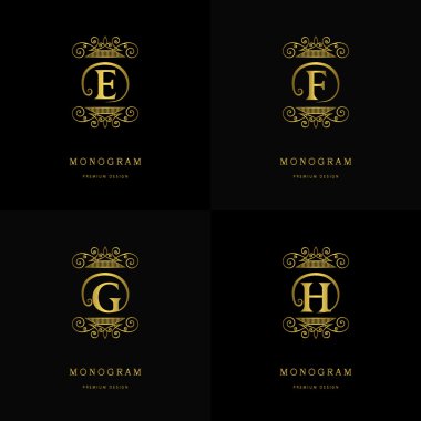 Monogram design elements, graceful template. Calligraphic elegant line art logo design. Letter emblem sign E, F, G, H for Royalty, business card, Boutique, Hotel, Cafe, Jewelry. Vector illustration