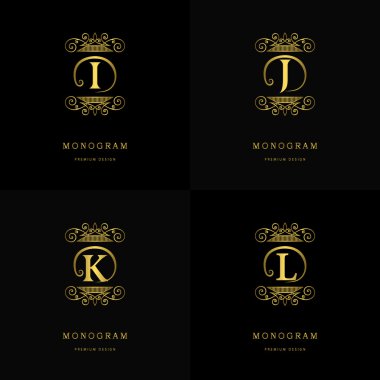 Monogram design elements, graceful template. Calligraphic elegant line art logo design. Letter emblem sign I, J, K, L for Royalty, business card, Boutique, Hotel, Cafe, Jewelry. Vector illustration