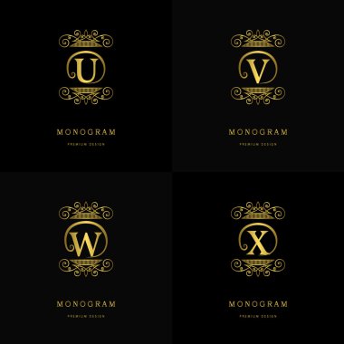 Monogram design elements, graceful template. Calligraphic elegant line art logo design. Letter emblem sign U, V, W, X for Royalty, business card, Boutique, Hotel, Cafe, Jewelry. Vector illustration