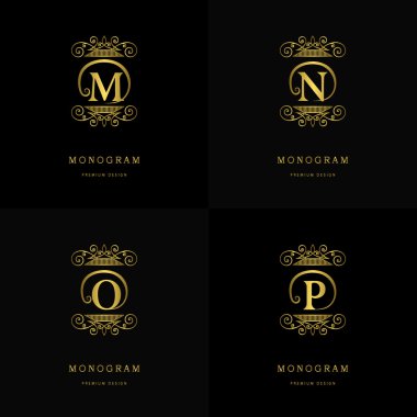 Monogram design elements, graceful template. Calligraphic elegant line art logo design. Letter emblem sign M, N, O, P for Royalty, business card, Boutique, Hotel, Cafe, Jewelry. Vector illustration