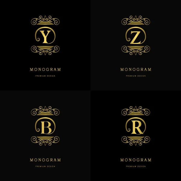 Elementos de diseño de monograma, plantilla elegante. Caligrafía elegante línea de diseño de logotipo de arte. Letra emblema signo Y, Z, B, R para Royalty, tarjeta de visita, Boutique, Hotel, Café, Joyería. Ilustración vectorial — Vector de stock