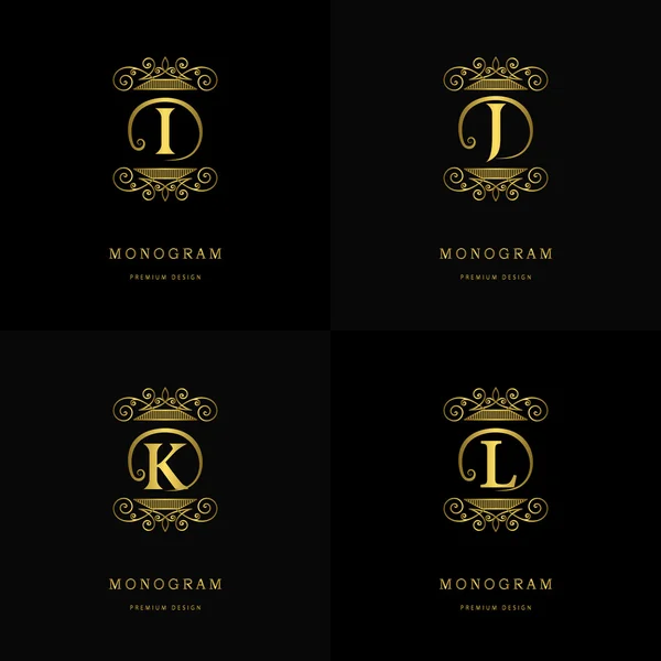 Monograma elementos de design, modelo gracioso. Caligráfico elegante linha arte logotipo design. Carta emblema sinal I, J, K, L para Royalty, cartão de visita, Boutique, Hotel, Café, Jóias. Ilustração vetorial — Vetor de Stock