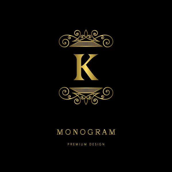 Monograma elementos de design, modelo gracioso. Caligráfico elegante linha arte logotipo design. Carta emblema sinal K para Royalty, cartão de visita, Boutique, Hotel, Heráldico, Café, Jóias. Ilustração vetorial — Vetor de Stock