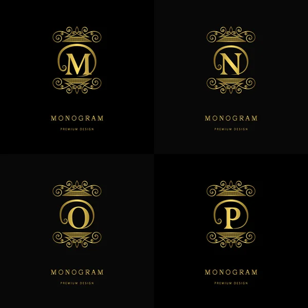 Monograma elementos de design, modelo gracioso. Caligráfico elegante linha arte logotipo design. Carta emblema sinal M, N, O, P para Royalty, cartão de visita, Boutique, Hotel, Café, Jóias. Ilustração vetorial — Vetor de Stock