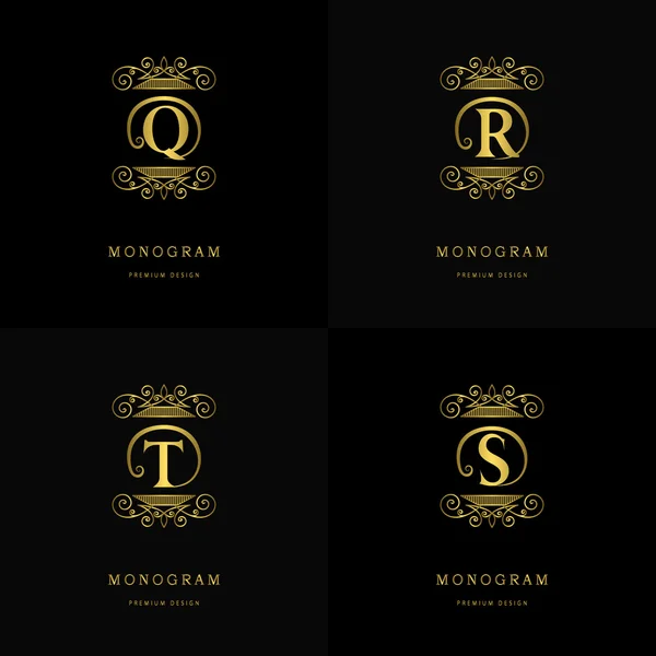 Monograma elementos de design, modelo gracioso. Caligráfico elegante linha arte logotipo design. Carta emblema sinal Q, R, T, S para Royalty, cartão de visita, Boutique, Hotel, Café, Jóias. Ilustração vetorial — Vetor de Stock