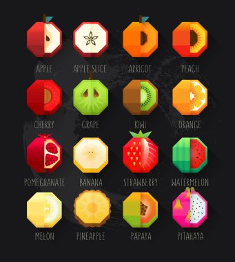 Summer print stylized fruits collection. Flat Material design fruit icon set with feeling of spatial. clipart