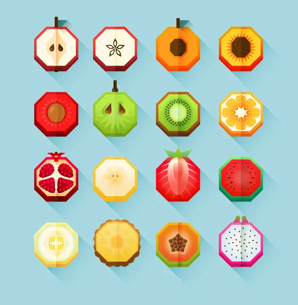 Coleção de frutas estilizadas de impressão de verão. Projeto de material plano ícone de frutas definido com sensação de espaço . — Vetor de Stock