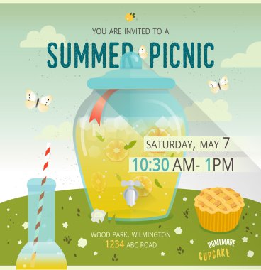 Vektör piknik glade kartı. Yemek ve eğlence illüstrasyon. Cam dağıtıcı ile limonata. Davetiye tasarımı