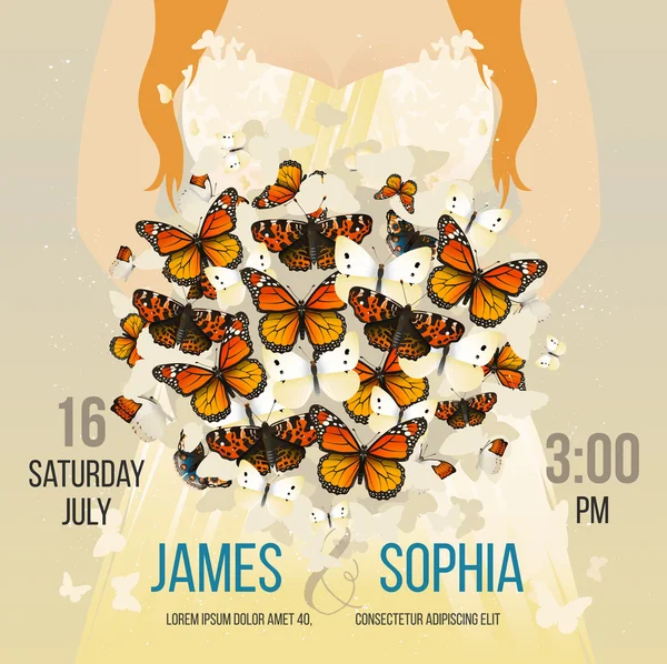 Tarjeta inspiradora de boda vectorial con ramo de mariposas voladoras. Mujer pelirroja romántica novia silueta fondo . — Archivo Imágenes Vectoriales