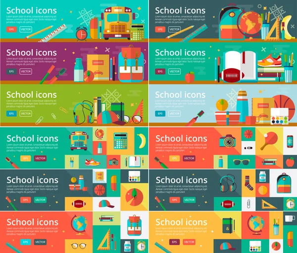 Colección vectorial de conceptos de diseño de educación plana. Pancartas horizontales con artículos escolares . — Vector de stock