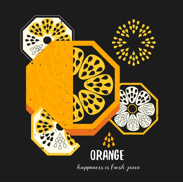 Enkla dekorativa orange frukt illustration. Vektor mat konst utskrift i geometrisk stil. — Stock vektor
