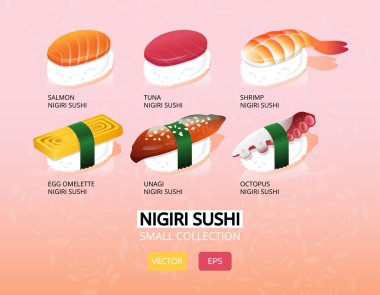 Vektör çizim nigiri suşi ayarlayın. Japon yemekleri. Suşi varyasyonları simgesi toplama.
