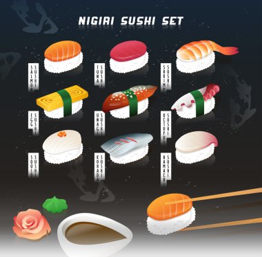 Büyük vektör çizim set nigiri suşi. Japon yemekleri. Kozmik arka plan ile menü kapak.