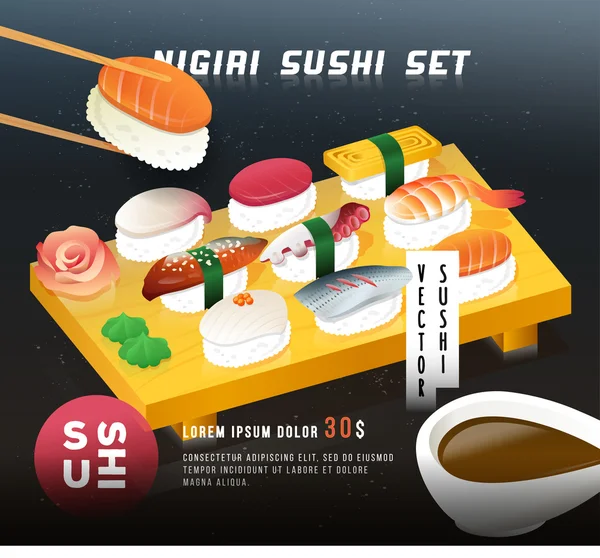 Design de postere cu fructe de mare de epocă. Ilustrație vectorială a unui sushi de negri așezat pe vas cu ghimbir și wasabi. Mâncare japoneză . — Vector de stoc